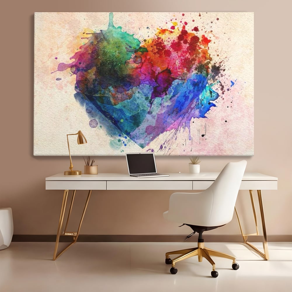 Tablou canvas cu tablou canvas cu inima colorata, fara rama, pe sasiu de lemn, pe perete intr-un birou